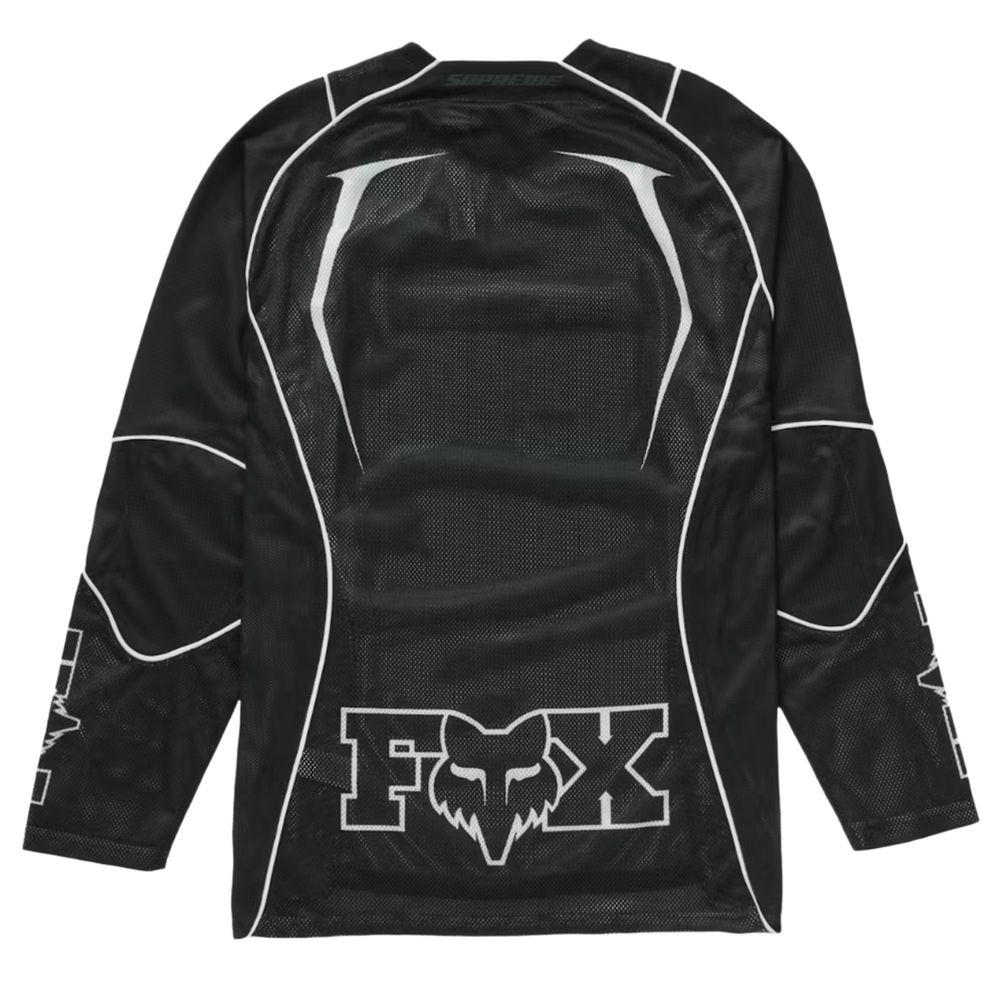 Back flat lay view of the black Supreme x Fox Racing technical performance jersey, highlighting the mesh athletic tailoring with a massive central graphic design emblazoned across the rear torso featuring a white Fox Racing head logo outline integrated inside a bold Supreme block text arrangement.