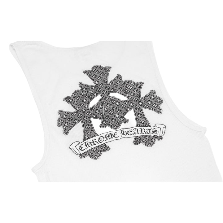 Angled close-up of a black graphic print on the white ribbed fabric, displaying a large cross overlaid with a stylized 'Chrome Hearts' signature banner cutting across it.