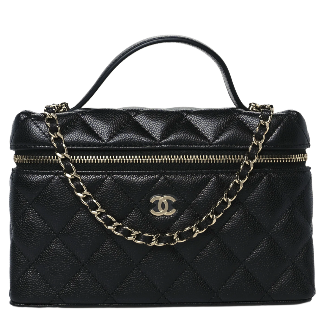 Chanel 'Black' Caviar Quilted Top Handle Slim Vanity With Chain