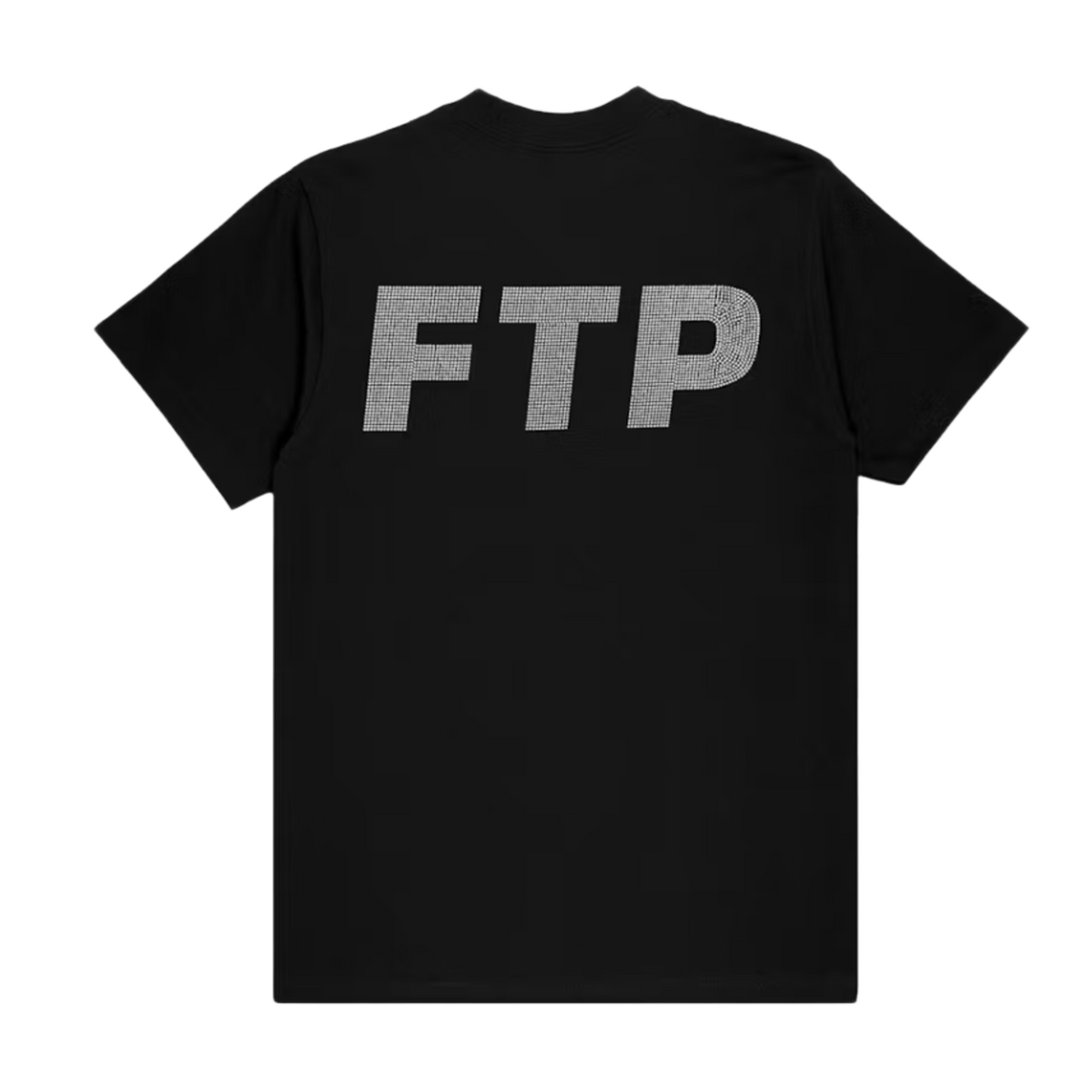 Back flat lay view of the black FTP t-shirt, showcasing a massive 'FTP' brand logo stretching across the upper back and shoulders, styled with a shimmering white rhinestone crystal texture design.