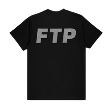 Back flat lay view of the black FTP t-shirt, showcasing a massive 'FTP' brand logo stretching across the upper back and shoulders, styled with a shimmering white rhinestone crystal texture design.