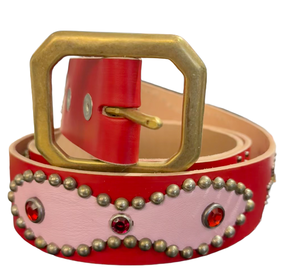 Studded 'Pink Leather Gem Sun' Red Belt