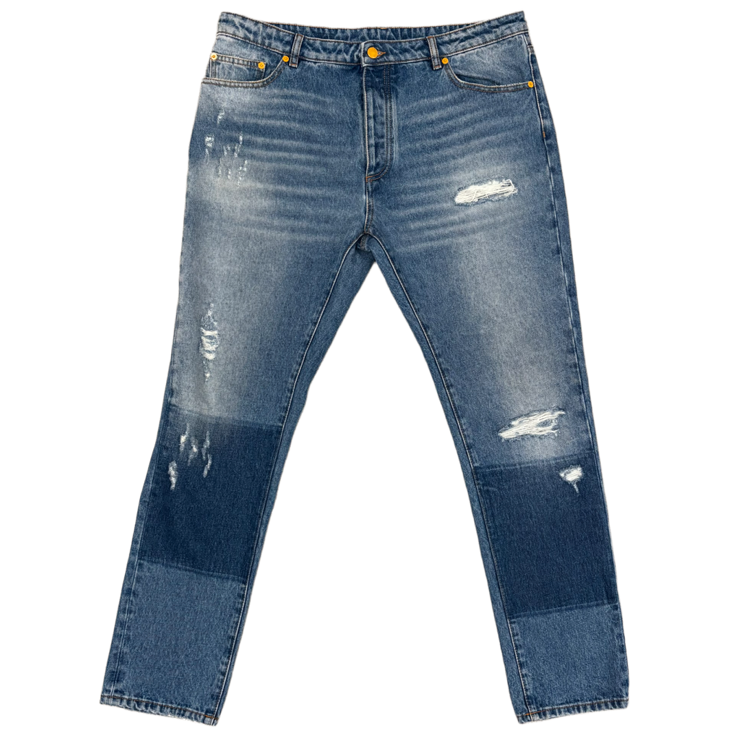 Moncler Genius x Palm Angels 'Patchwork & Distressed' Straight-Leg Blue Denim Jeans