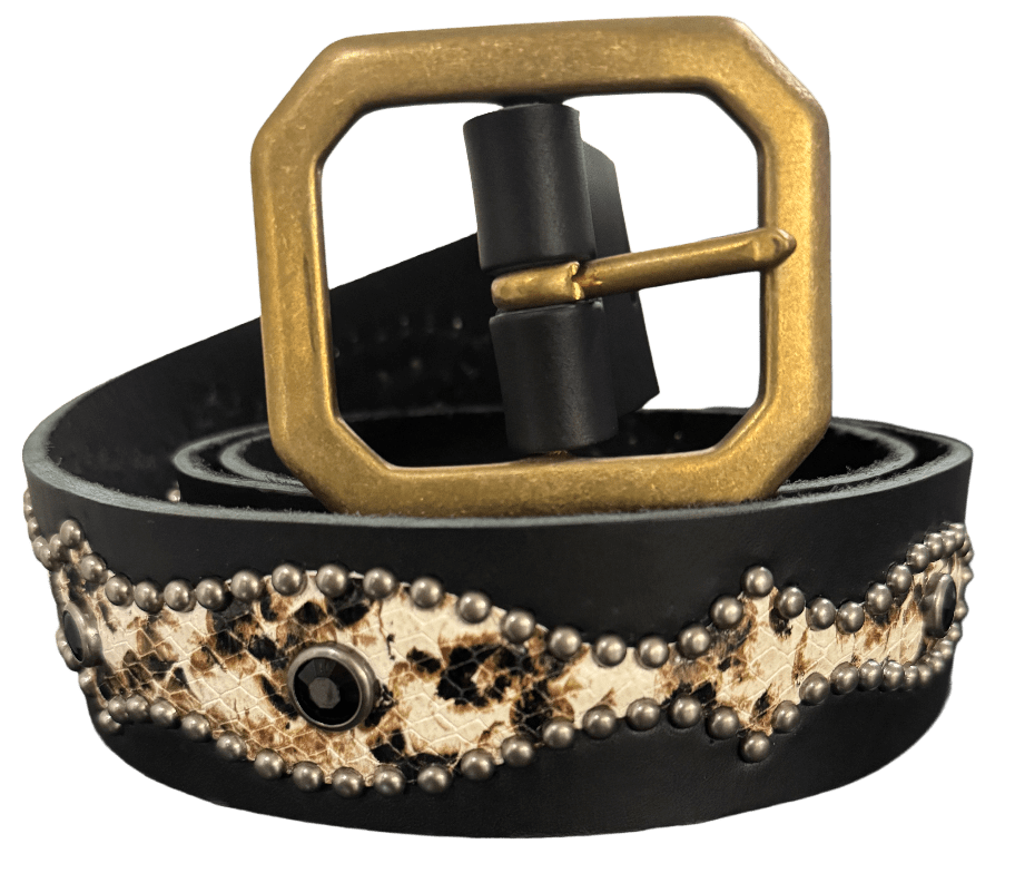 Studded 'White/Brown Snakeskin'  Sun Gem Black Leather Belt