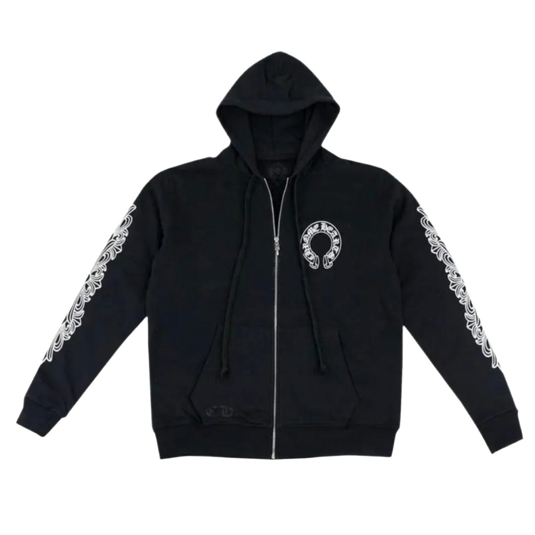Front flat lay view of the Chrome Hearts zip-up hoodie in a premium heavyweight jet-black cotton fleece with an insulating waffle-weave thermal lining, showcasing a structured boxy silhouette, a high-neck drawstring hood, a silver metal center zipper track, split front kangaroo pouch pockets, a crisp white circular horseshoe logo monogram printed on the left chest, and a detailed repeating pattern of white gothic floral cross graphics running down both sleeves.