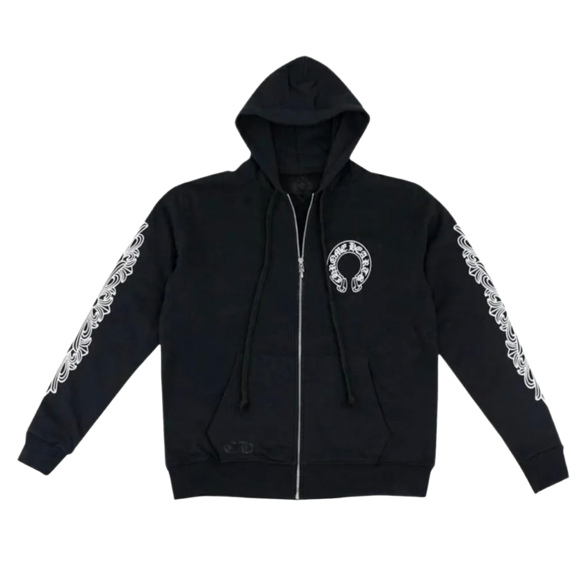 Front flat lay view of the Chrome Hearts zip-up hoodie in a premium heavyweight jet-black cotton fleece with an insulating waffle-weave thermal lining, showcasing a structured boxy silhouette, a high-neck drawstring hood, a silver metal center zipper track, split front kangaroo pouch pockets, a crisp white circular horseshoe logo monogram printed on the left chest, and a detailed repeating pattern of white gothic floral cross graphics running down both sleeves.