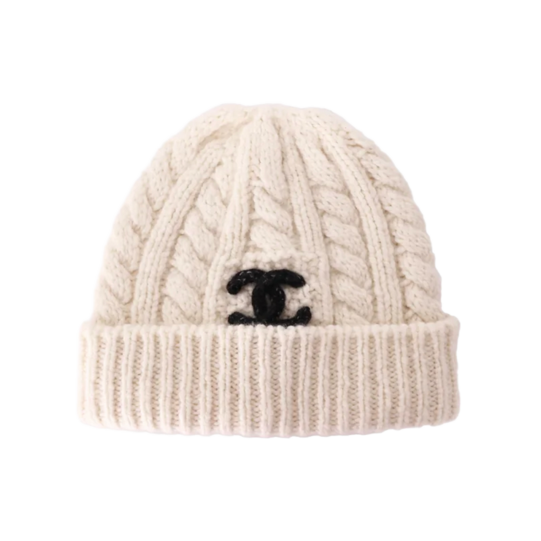 Chanel 'Ecru & Black' Knit Cashmere Beanie