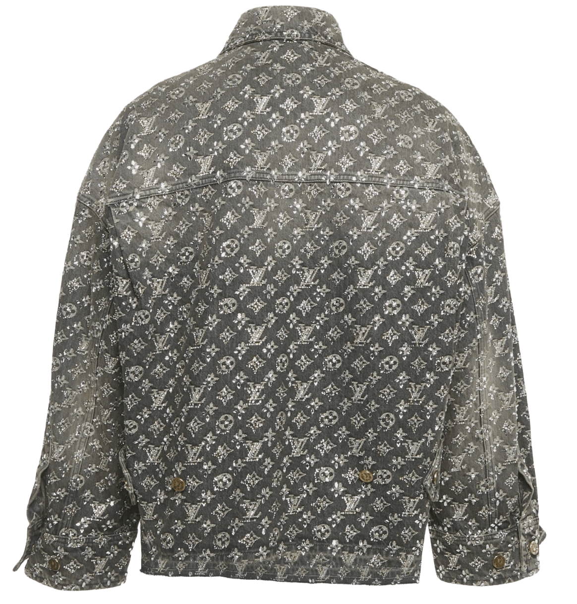 Louis Vuitton Grey Rhinestone Embellished Monogram Raw Edge Denim Jacket Runway