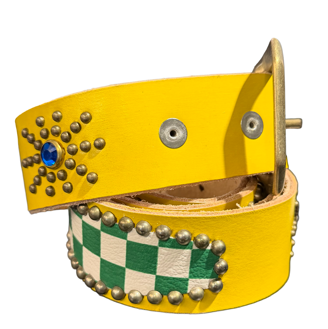 Studded 'Green Checkered/ Sun Gem' Yellow Belt