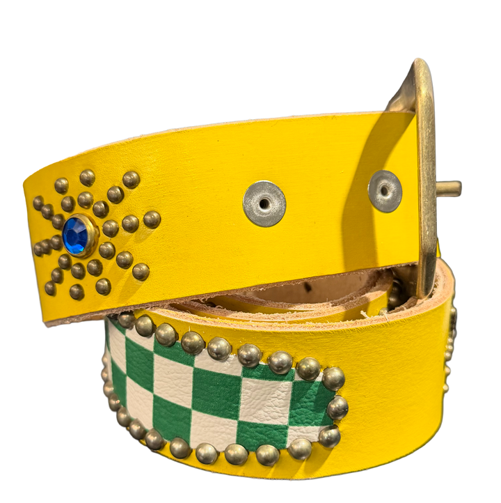 Studded 'Green Checkered/ Sun Gem' Yellow Belt