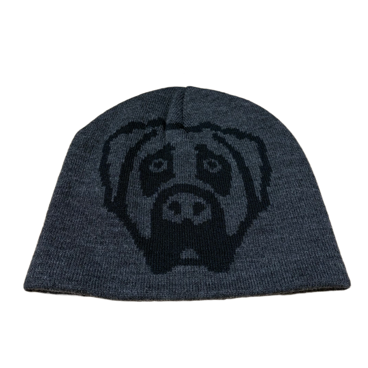 Front flat lay view of the Victor Victor beanie in a dark heather grey knit fabric, featuring a thick folded cuff prominently embellished with a large black embroidered outline graphic of the brand's signature dog head logo.