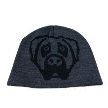 Front flat lay view of the Victor Victor beanie in a dark heather grey knit fabric, featuring a thick folded cuff prominently embellished with a large black embroidered outline graphic of the brand's signature dog head logo.