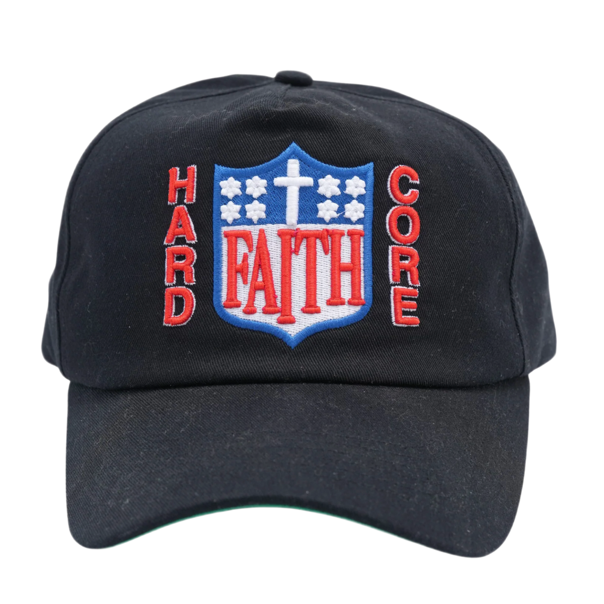 A straight front studio view of the Paly 'Hardcore Faith' hat, showcasing an unstructured six-panel vintage dad hat profile crafted from a premium washed black cotton twill canvas, featuring a curved stitched brim and a bold, dense graphic embroidery layout across the center front crown spelling out 'FAITH' in stylized blue block text flanked vertically by 'HARD' and 'CORE' lettering in red, all centered below a small white embroidered christian cross motif.