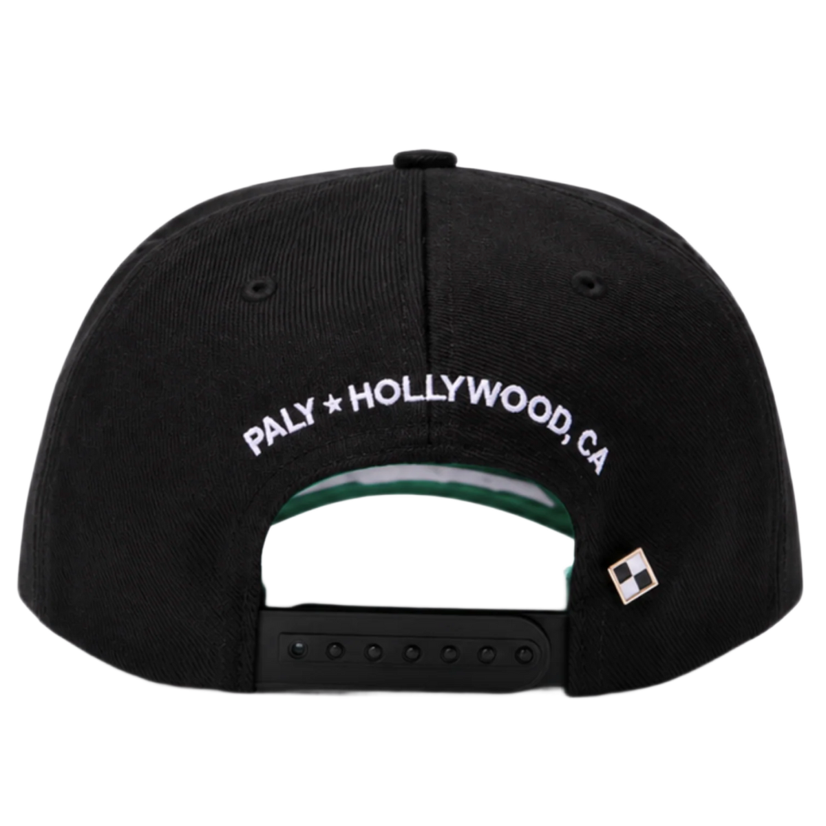 A straight-on rear view of the black Paly canvas cap resting flat, highlighting the low-profile crown posture and uniform panels, featuring an adjustable fabric strap closure with a metallic slider buckle, accented cleanly by white embroidered branding text reading 'PALY HOLLYWOOD CA.' stitched across the rear opening arc.