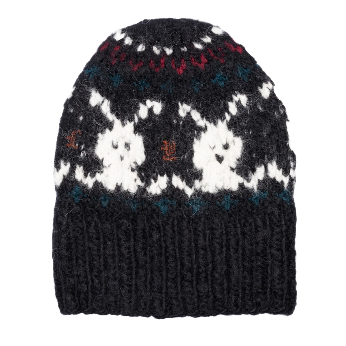 A clean profile layout view of the dark navy Paly hand-knitted beanie resting upright, highlighting the thick density of the chunky multi-colored knit yarn panels, the structural symmetry of the fold-over black ribbed cuff, and the snug watch-cap skull crown silhouette designed for a secure streetwear fit.