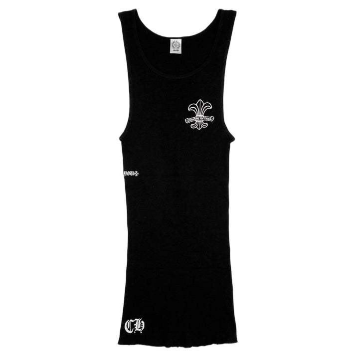 Front flat lay view of a Chrome Hearts vintage tank top in black ribbed cotton, featuring a small white gothic 'CH' logo embroidered on the lower left hem and a small silver fleur-de-lis emblem printed on the left ribs.