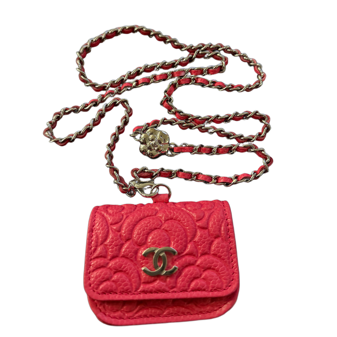 Chanel CC Logo 'Pink Camellia Embossed' Airpods Case With Chain