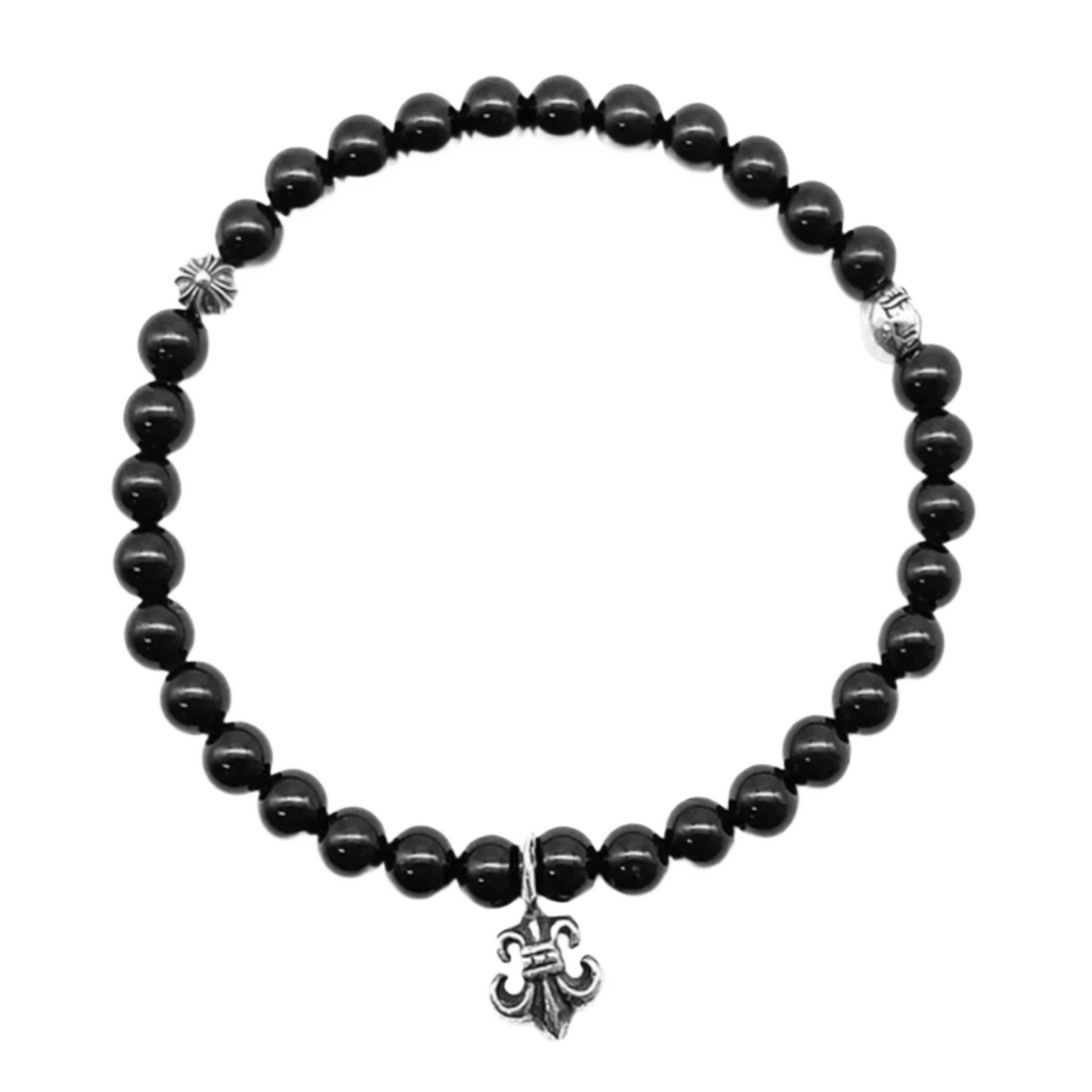 Chrome Hearts 'Obsidian Silver' Fleur Pendant 6mm Beaded Bracelet