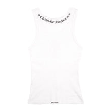 Back flat lay view of the white ribbed tank top, showcasing a clean back panel with a small black gothic 'CHROME HEARTS' script logo printed horizontally across the upper neckline.