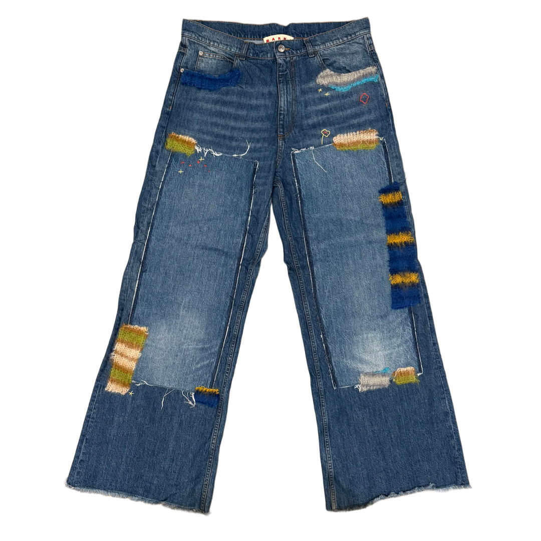 Marni 'Multi-Color Patchwork & Embroidered' Straight-Leg Irish Blue Jeans