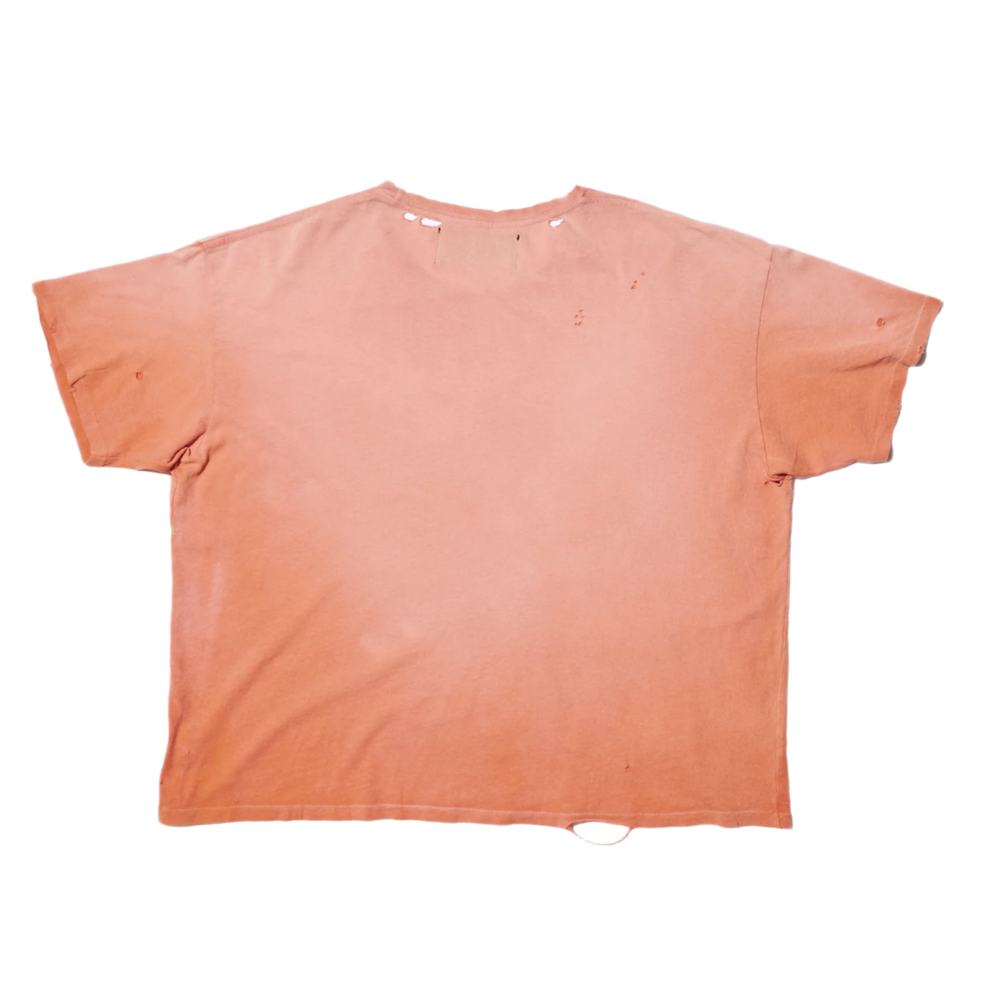 Back flat lay view of the orange Paly graphic t-shirt, highlighting the premium mid-weight cotton fabric structure and uneven vintage wash gradients draping smoothly across a loose fit, featuring seamless upper shoulders and a clean, unadorned solid faded orange reverse profile.