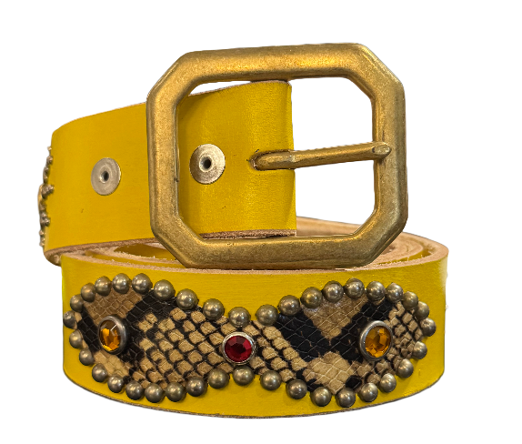 Studded 'Snakeskin Brown Black/ Red Sun Gem' Yellow Belt