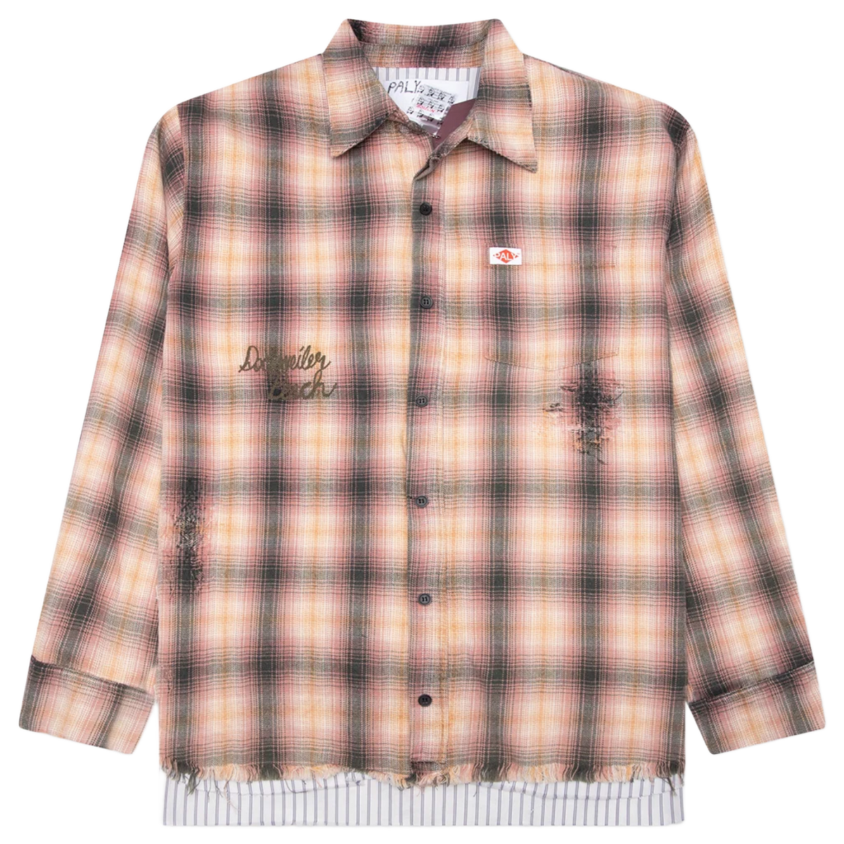 Front flat lay view of the Paly 'Dockweiler' long-sleeve flannel shirt in a brown, cream, and black plaid pattern, featuring two chest patch pockets, a button-up placket, and a deconstructed double-layered frayed hemline with an extended white fabric underlayer.