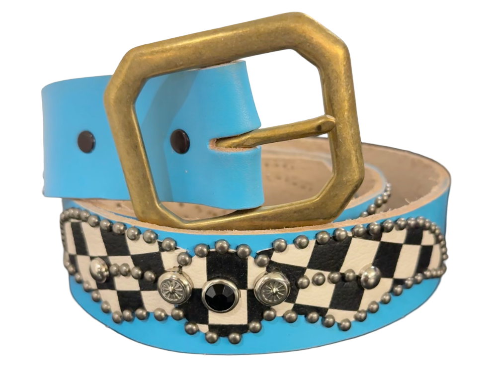 Studded 'Checkered Leather' Spider Gem Baby Blue Belt