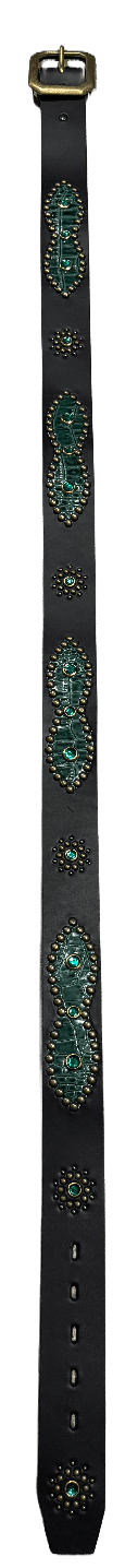 Studded 'Green Scale' Sun Gem Black Leather Belt