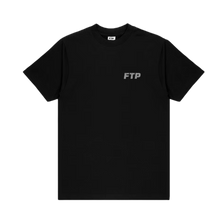 Front flat lay view of the FTP short-sleeve t-shirt in solid black cotton, featuring a small, subtle grey 'FTP' brand logo printed on the left chest below the crew neck.