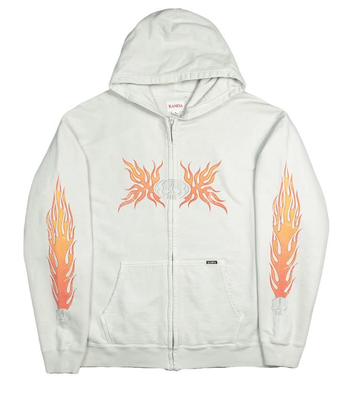 Kamiya 'Skull Flame' White Zip Up Hoodie