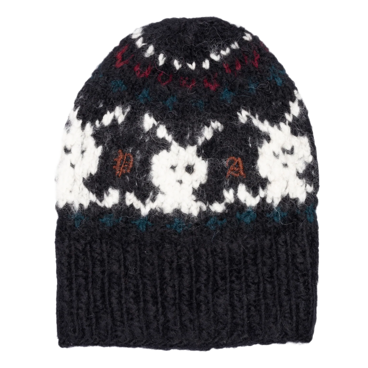 Front studio view of the Paly beanie in a premium heavyweight hand-knitted wool blend, showcasing an intricate Fair Isle style intarsia knit construction featuring rows of white, dark navy, and burgundy red geometric snowflake patterns, balanced by a wide fold-over black rib-knit cuff decorated with a repeating pattern of white contrast-knit bunny rabbit motifs wrapping smoothly around the center front crown.
