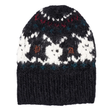 Front studio view of the Paly beanie in a premium heavyweight hand-knitted wool blend, showcasing an intricate Fair Isle style intarsia knit construction featuring rows of white, dark navy, and burgundy red geometric snowflake patterns, balanced by a wide fold-over black rib-knit cuff decorated with a repeating pattern of white contrast-knit bunny rabbit motifs wrapping smoothly around the center front crown.