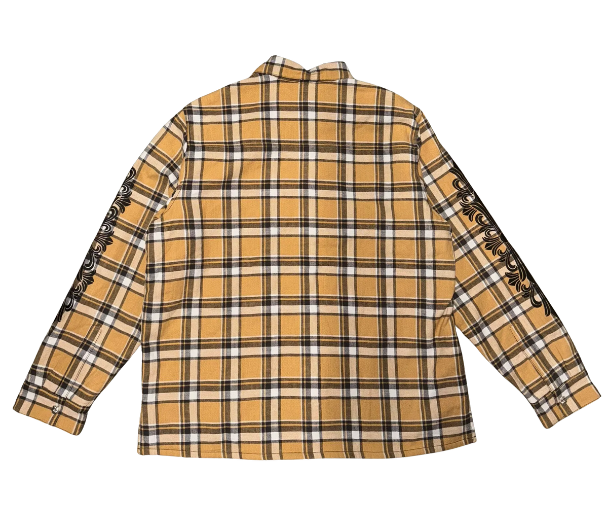 Back flat lay view of the tan plaid Chrome Hearts flannel shirt jacket, highlighting the clean pattern alignment across the rear yoke and lower back panels, dominated by a large, intricate black screen-printed graphic emblazoned across the upper back torso depicting a circular horseshoe layout of signature brand lettering framing an oversized gothic floral cross design motif.
