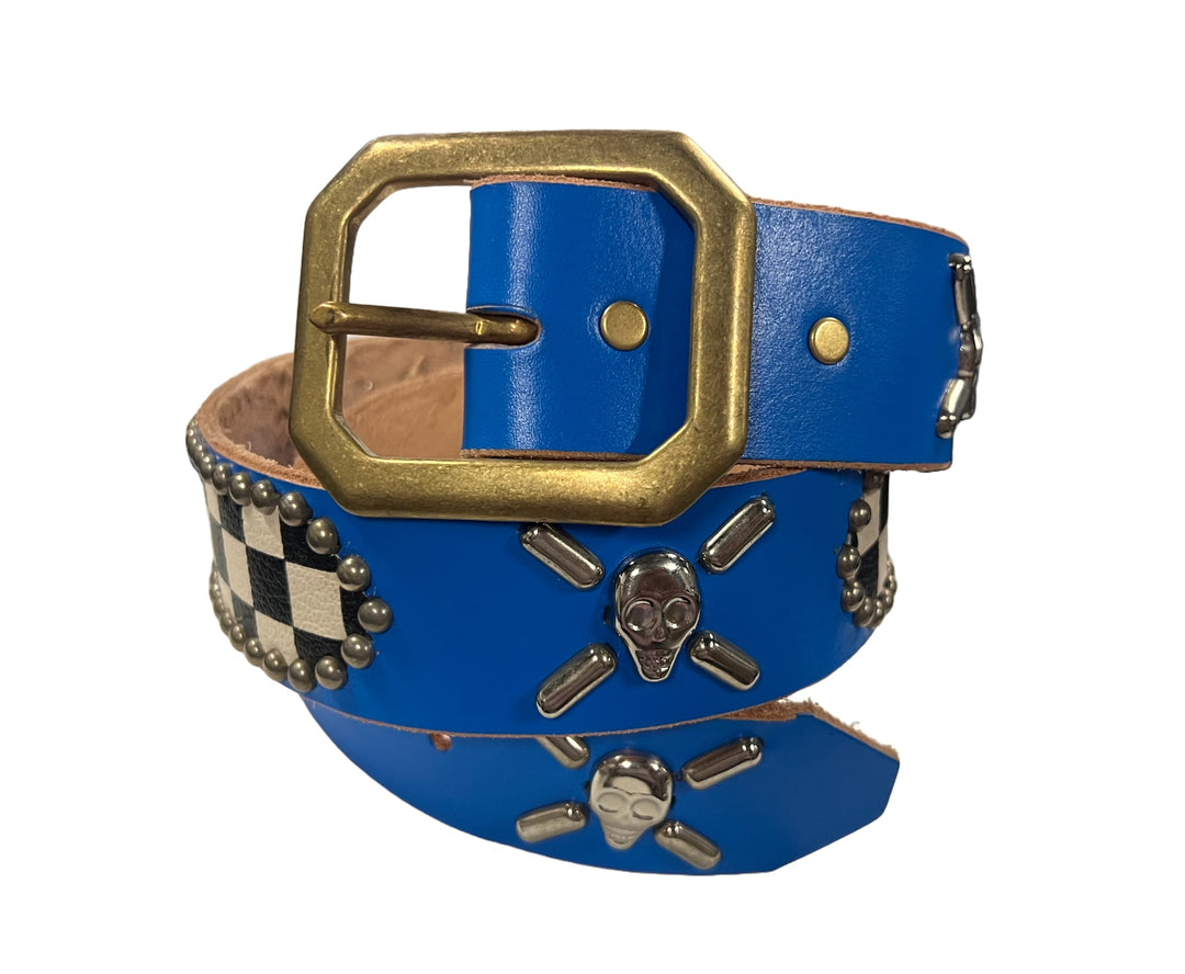 Studded 'Checkered Skulls' Blue Belt