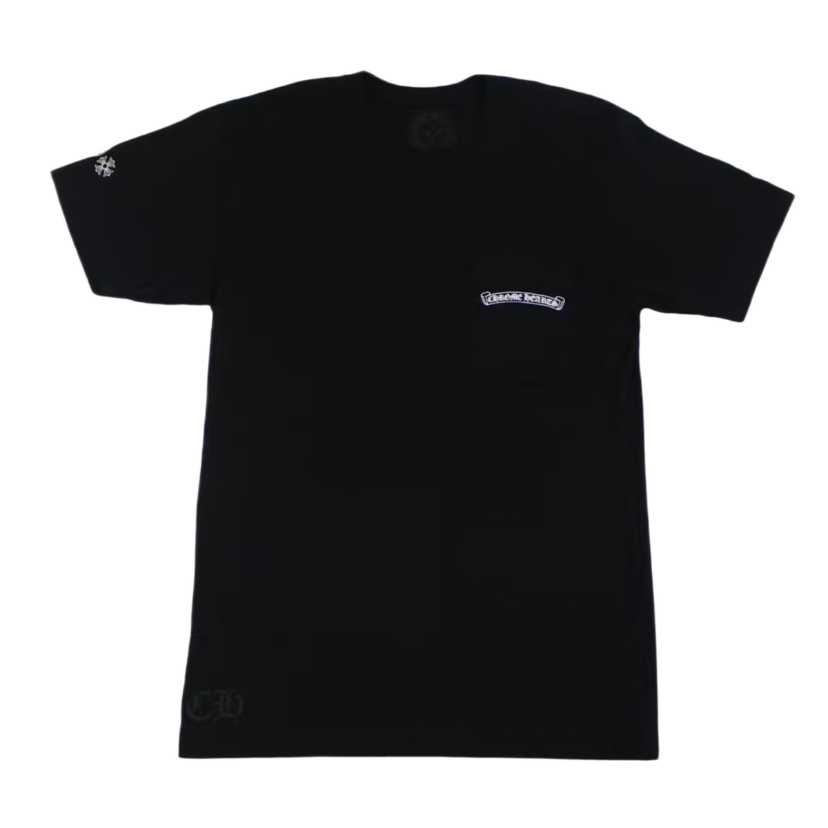 Front flat lay view of the Chrome Hearts t-shirt in a premium heavyweight jet-black cotton jersey, showcasing a relaxed boxy streetwear silhouette, a thick ribbed crewneck collar, seamless shoulders, and a clean minimalist pocket on the left chest accented by a small white signature scroll logo graphic printed across the upper trim pocket line.