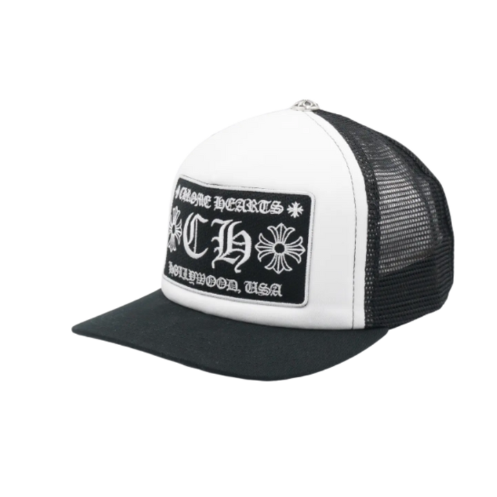 Chrome Hearts CH Hollywood Black White Trucker Hat