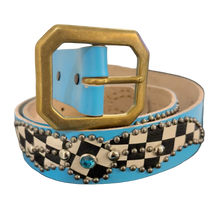 Studded 'Checkered Leather Spider Gem' Baby Blue Belt