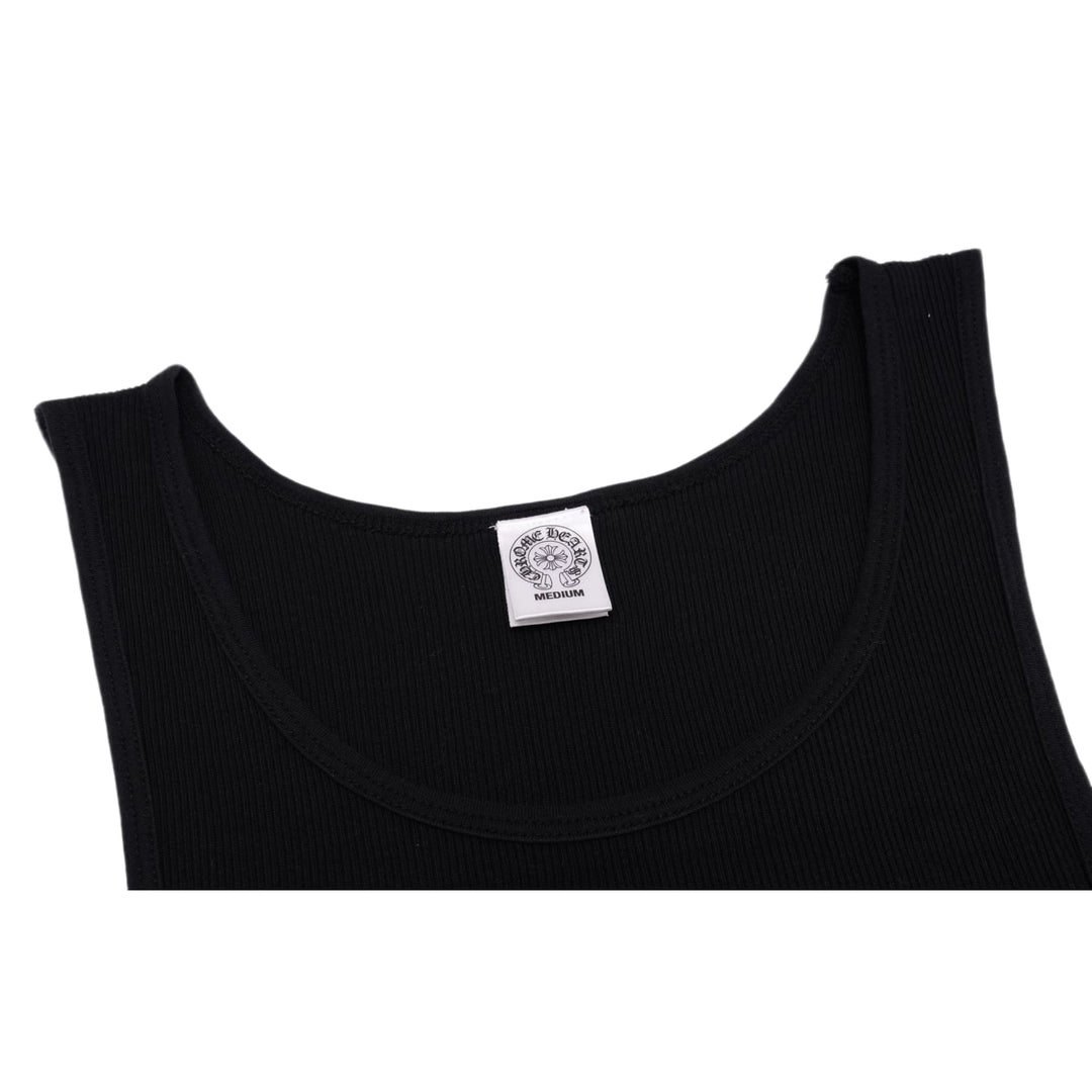 Close-up view of the interior neckline, displaying the scooped neck stitching, thin shoulder straps, and the signature white minimalist Chrome Hearts fabric clothing tag.