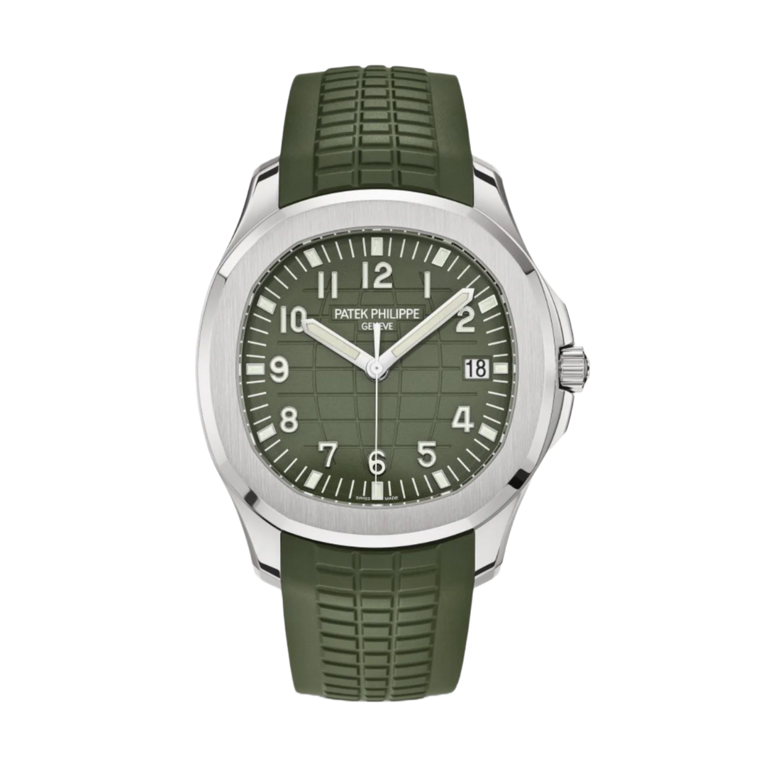 A crisp straight-on studio layout view of the Patek Philippe Aquanaut 5168G-010, featuring a 42.2mm brushed and polished 18k white gold octagonal rounded bezel encasing an olive green dial with an embossed geosphere pattern, bold white gold Arabic numerals, a date aperture at 3 o'clock, luminescent baton hands, and a matching textured khaki olive green composite rubber strap.