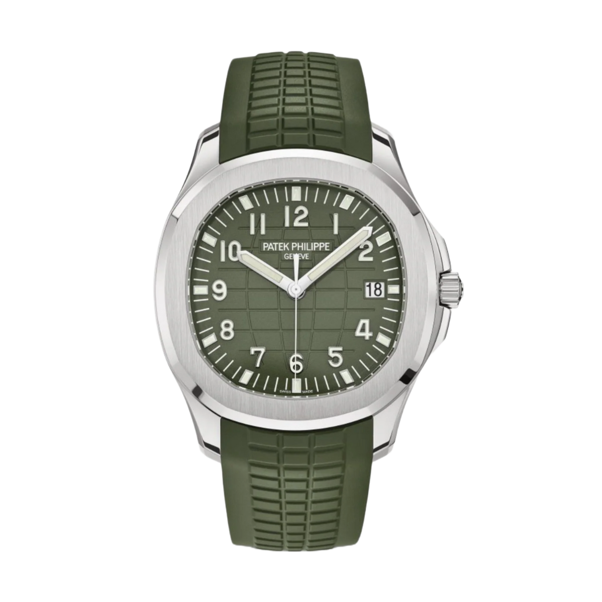 A crisp straight-on studio layout view of the Patek Philippe Aquanaut 5168G-010, featuring a 42.2mm brushed and polished 18k white gold octagonal rounded bezel encasing an olive green dial with an embossed geosphere pattern, bold white gold Arabic numerals, a date aperture at 3 o'clock, luminescent baton hands, and a matching textured khaki olive green composite rubber strap.