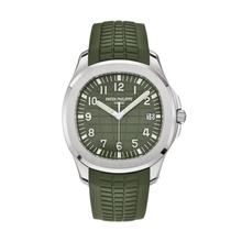 A crisp straight-on studio layout view of the Patek Philippe Aquanaut 5168G-010, featuring a 42.2mm brushed and polished 18k white gold octagonal rounded bezel encasing an olive green dial with an embossed geosphere pattern, bold white gold Arabic numerals, a date aperture at 3 o'clock, luminescent baton hands, and a matching textured khaki olive green composite rubber strap.