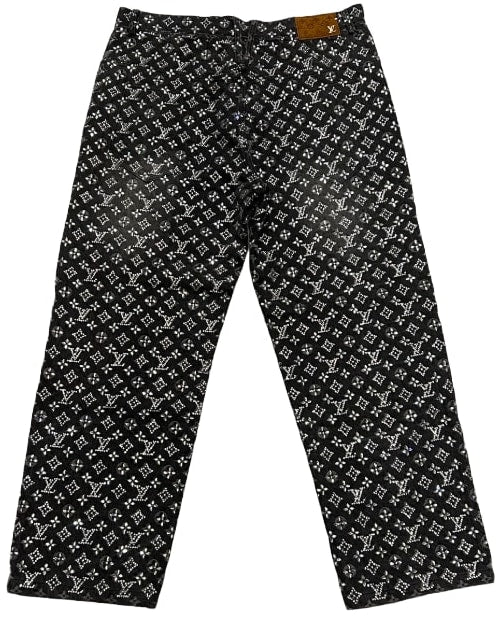 Louis Vuitton Grey Rhinestone Embellished Monogram Raw Edge Denim Jeans Runway