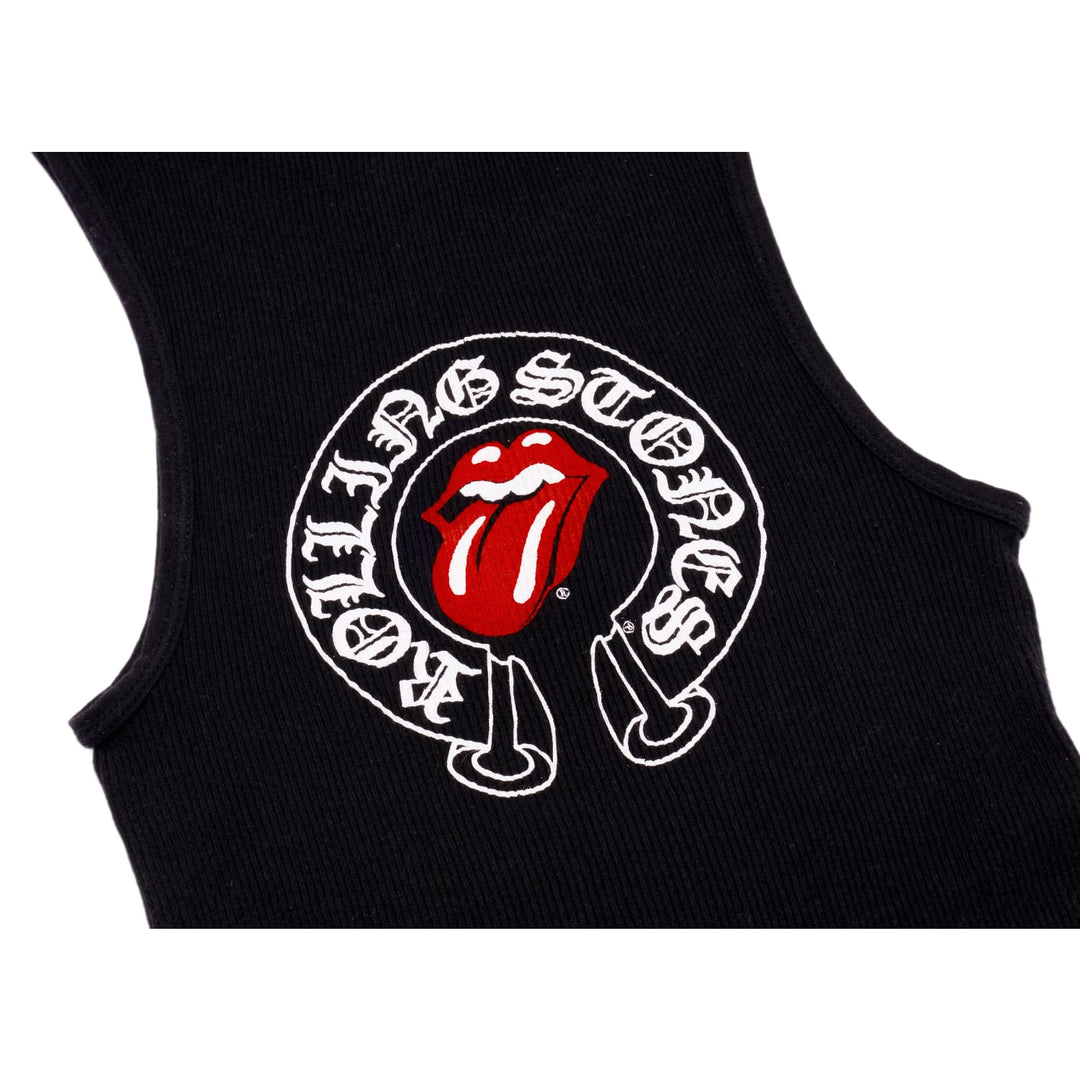 Close-up detail of the back print, highlighting the white Chrome Hearts 'Rolling Stones' horseshoe script logo wrapped around the red tongue graphic.