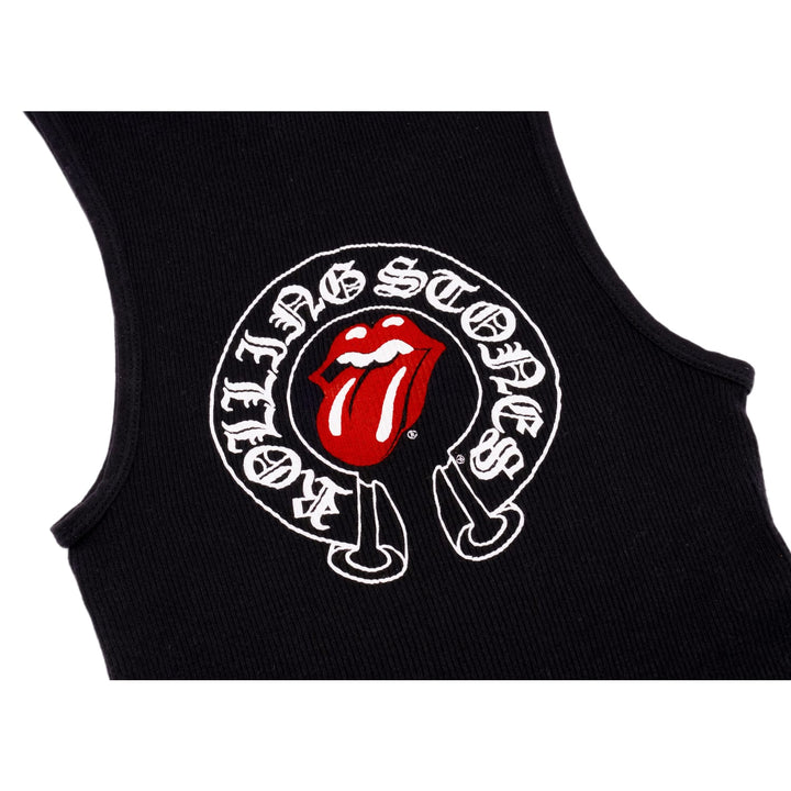 Close-up detail of the back print, highlighting the white Chrome Hearts 'Rolling Stones' horseshoe script logo wrapped around the red tongue graphic.