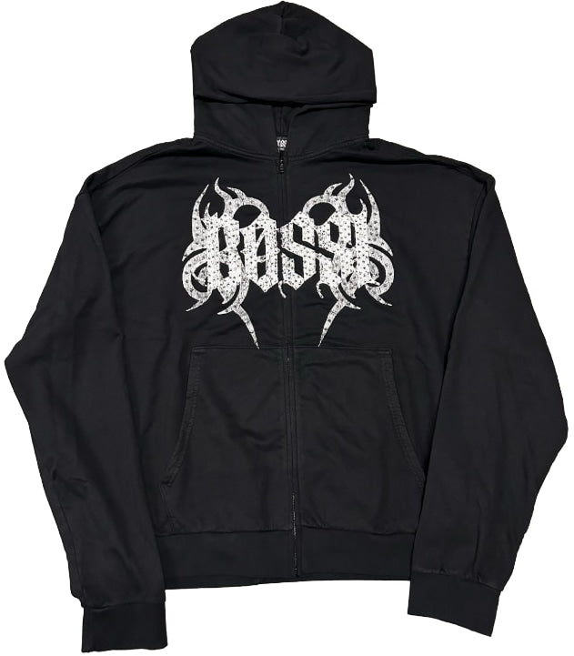 Bossi 'White Swirl' Black Rhinestone Zip-Up Hoodie