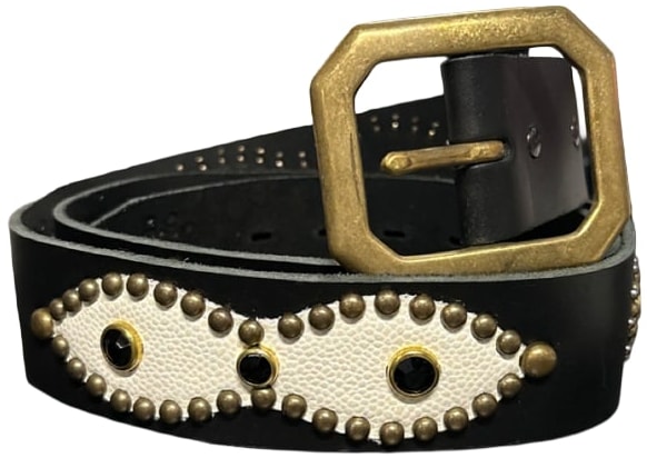 Studded 'Inifinty White Leather Black Gem' Belt
