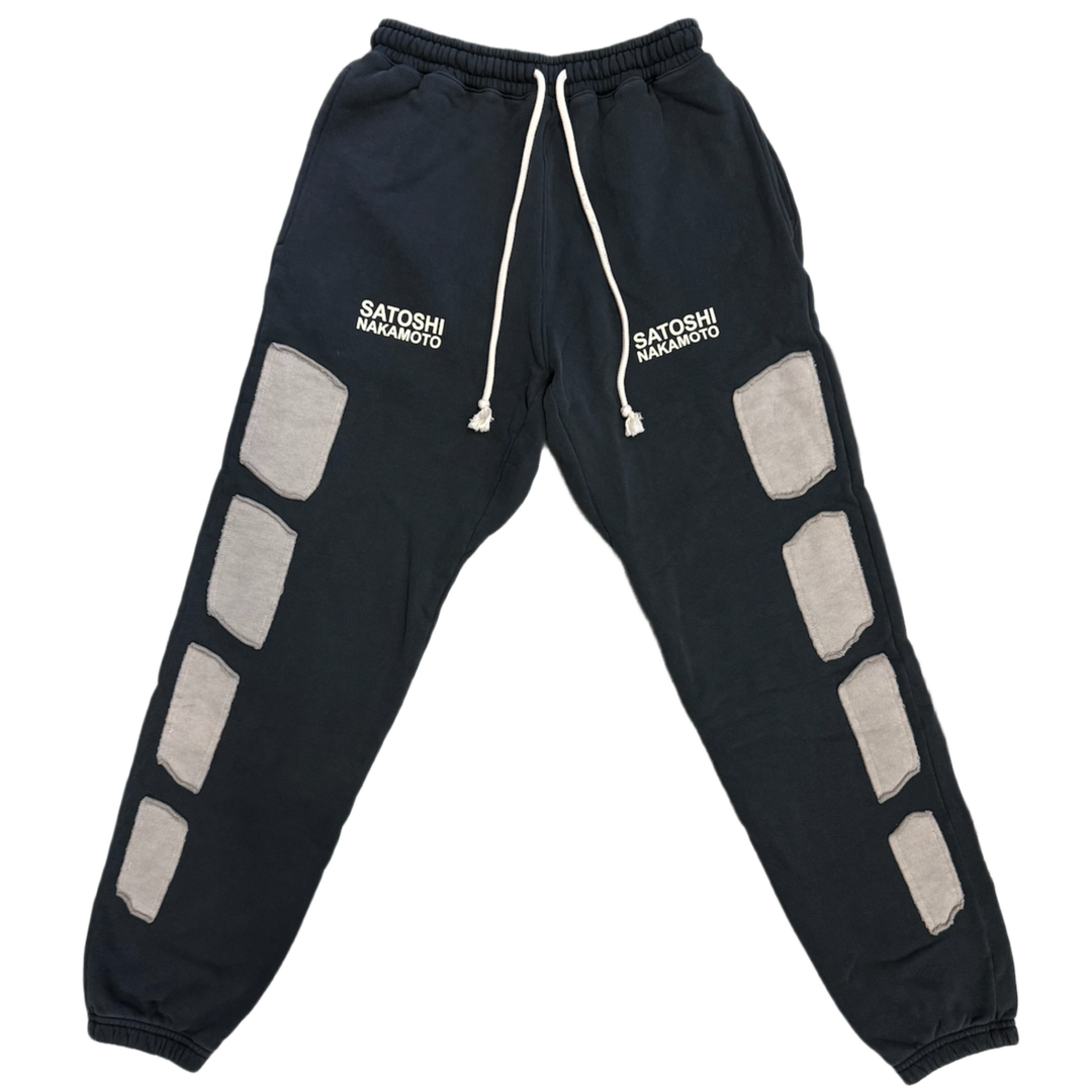 Satoshi Nakamoto 'Destroyed Black' Patchwork Moto Sweatpants