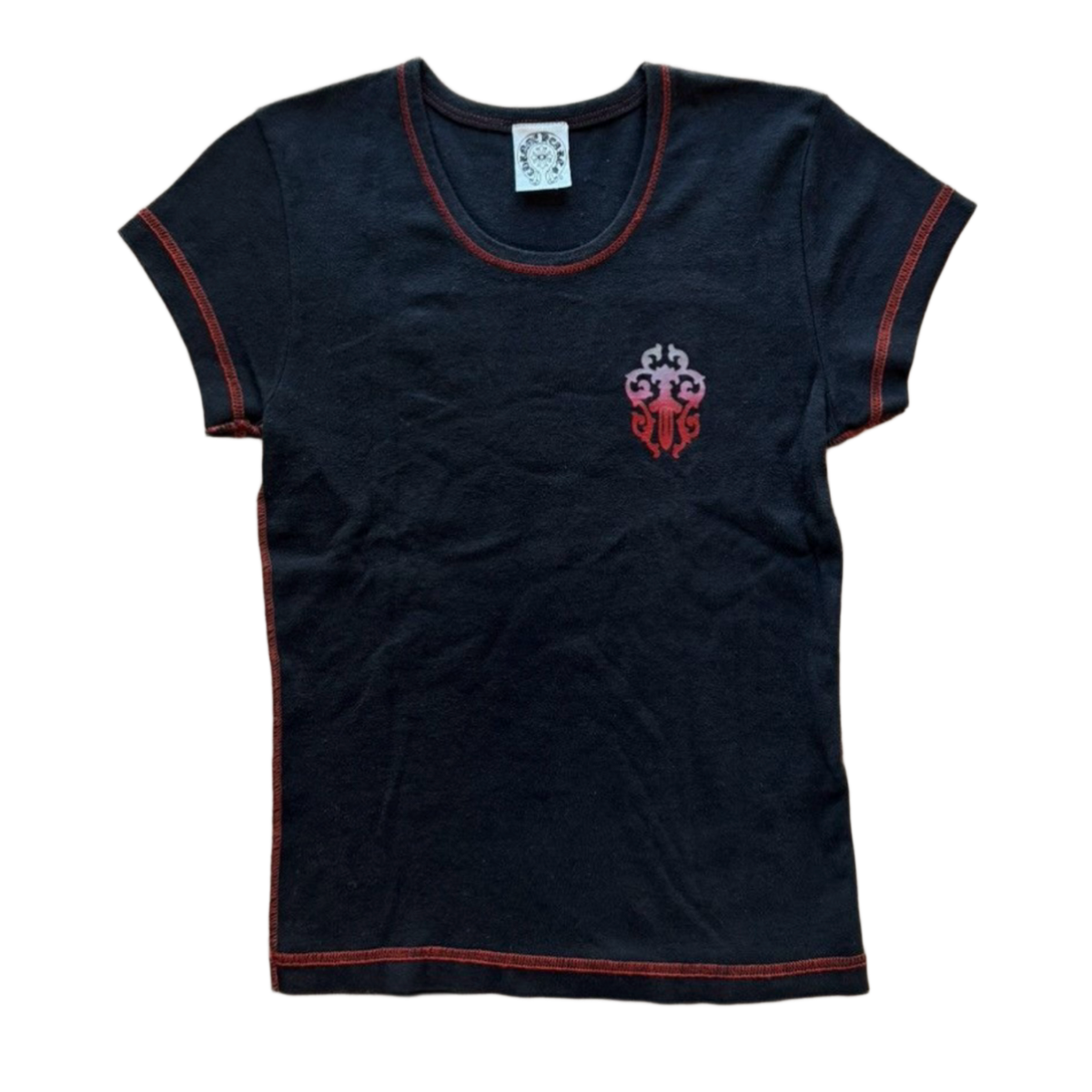 Front flat lay view of the vintage Chrome Hearts women's baby tee in a soft, premium washed black cotton knit, showcasing a form-fitting cropped y2k silhouette, a wide scooped neck collar with a white internal brand label, short sleeves highlighted by vibrant contrast red flatlock coverstitching along the hems, and a small red and white graphic emblem screen-printed over the left ribcage.