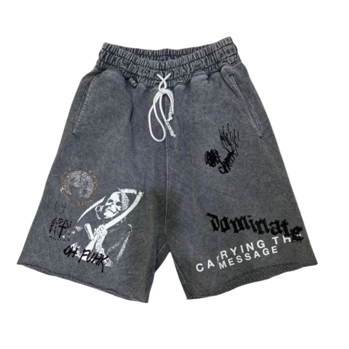 Front flat lay view of the Paly 'Carrying The Message' sweat shorts in a heavily sun-faded dark grey wash, featuring an elastic waistband with long white drawstrings, raw-edge hems, and a collage of illustrative black and white graphics including an angel motif and bold gothic text across both legs.
